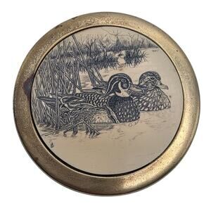 Vintage Barlow Brass Paperweight Mallard Ducks Etched Design Round 3.5”